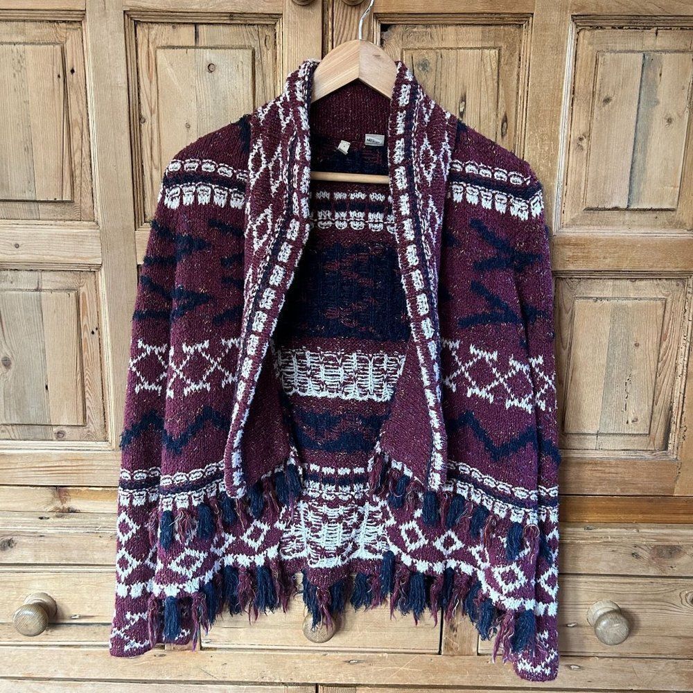 Moth Medium Sweater Red White Black Knit Cardigan Long Sleeve Tassel